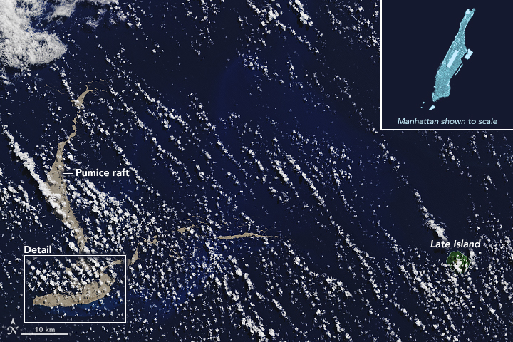 Pumice Raft off Tonga August 2019 Image from Nasa Earth Observatory https://earthobservatory.nasa.gov/images/145490/a-raft-of-rock