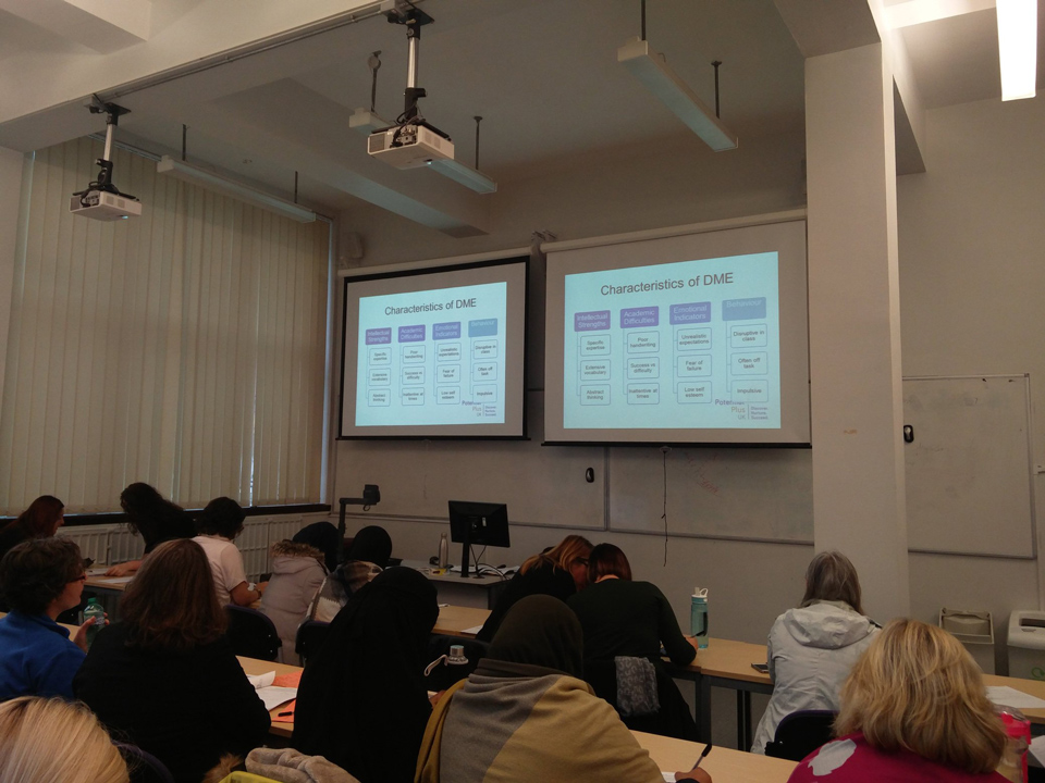 teachers taking part in a training course on Supporting DME Young People in the Classroom at Manchester University, run by Potential Plus UK with Whole School SEND