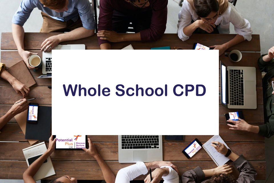 People sitting around a table looking at laptops. Sign in the middle of the photo says Whole School CPD